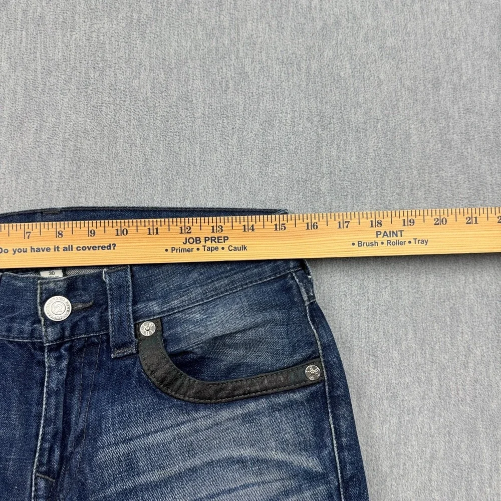 True Religion Jeans Mens 30x26 Blue Denim Skinny Flap Pocket Leather Trim Cotton